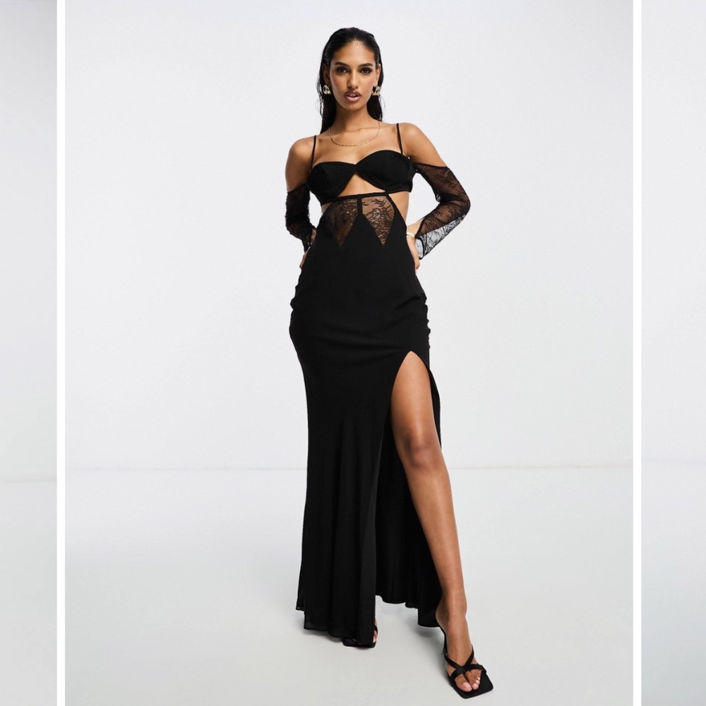 ASOS DESIGN corset detail cold shoulder maxi dress with lace inserts in black